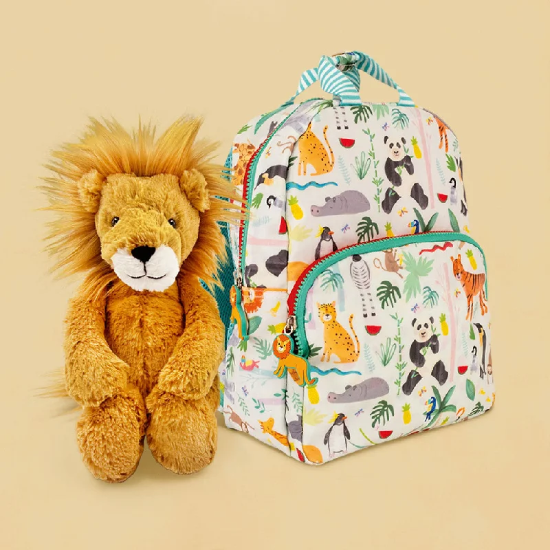 Cuddly and snuggly Jellycat snuggle partnersJellycat Bashful Lion Soft Toy with Floss & Rock Jungle Backpack Gift Set