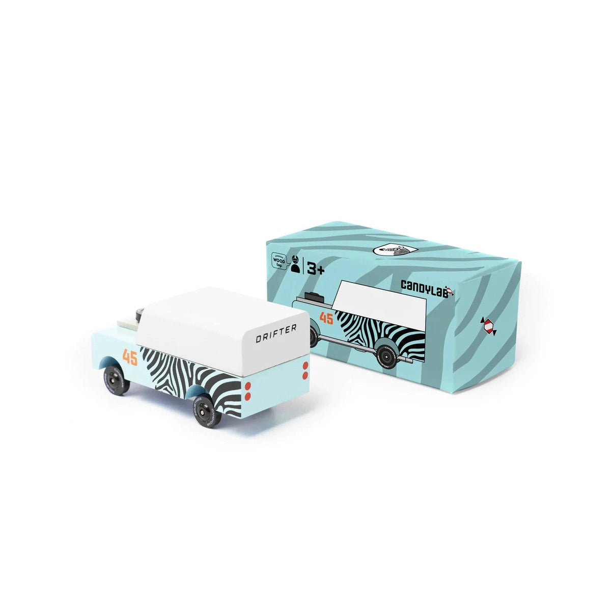 colorful and cheerful wooden toys                   Candylab candycar zebra drifter