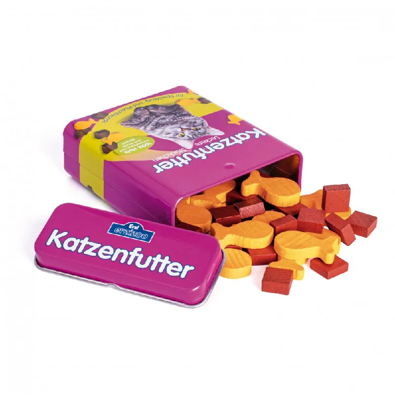 sturdy and durable wooden toys for rough play                   Erzi cat food in a tin