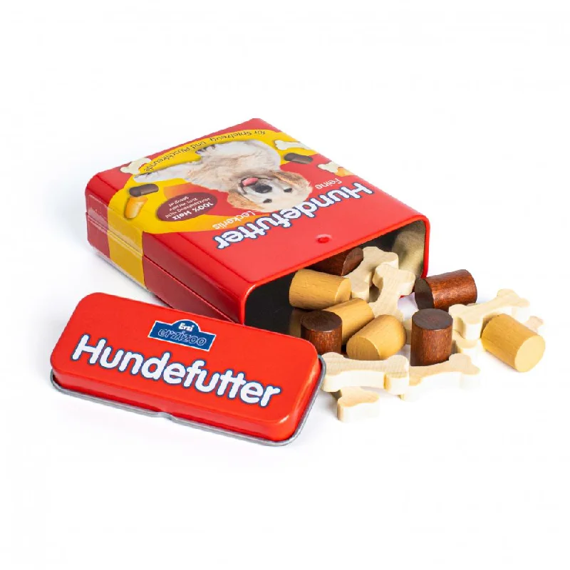 skillfully made wooden toys               Erzi dog food in a tin
