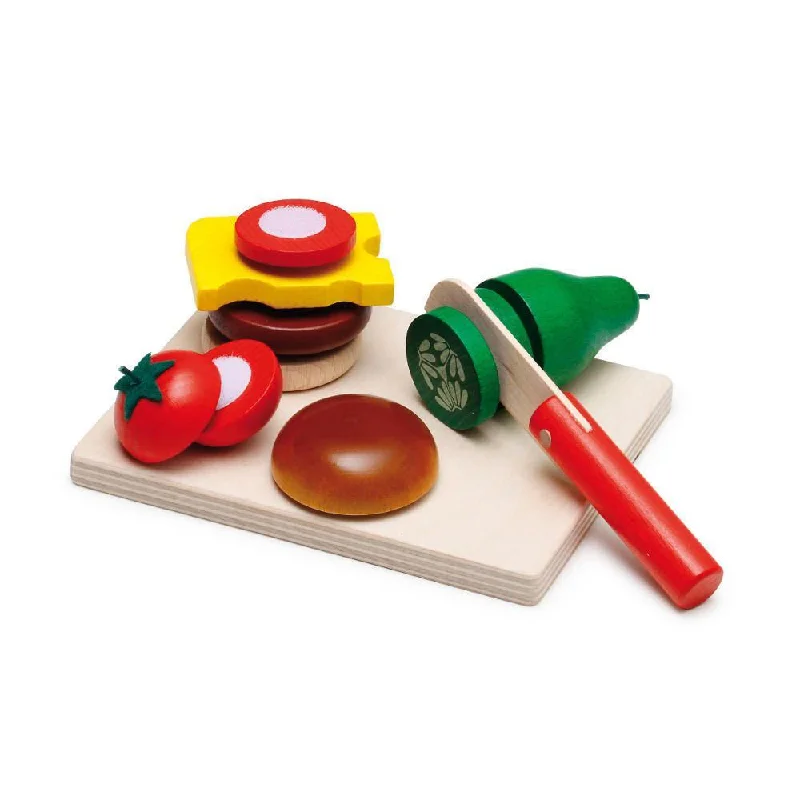 robust and child-safe wooden toys for all ages                   Erzi cheeseburger cutting set