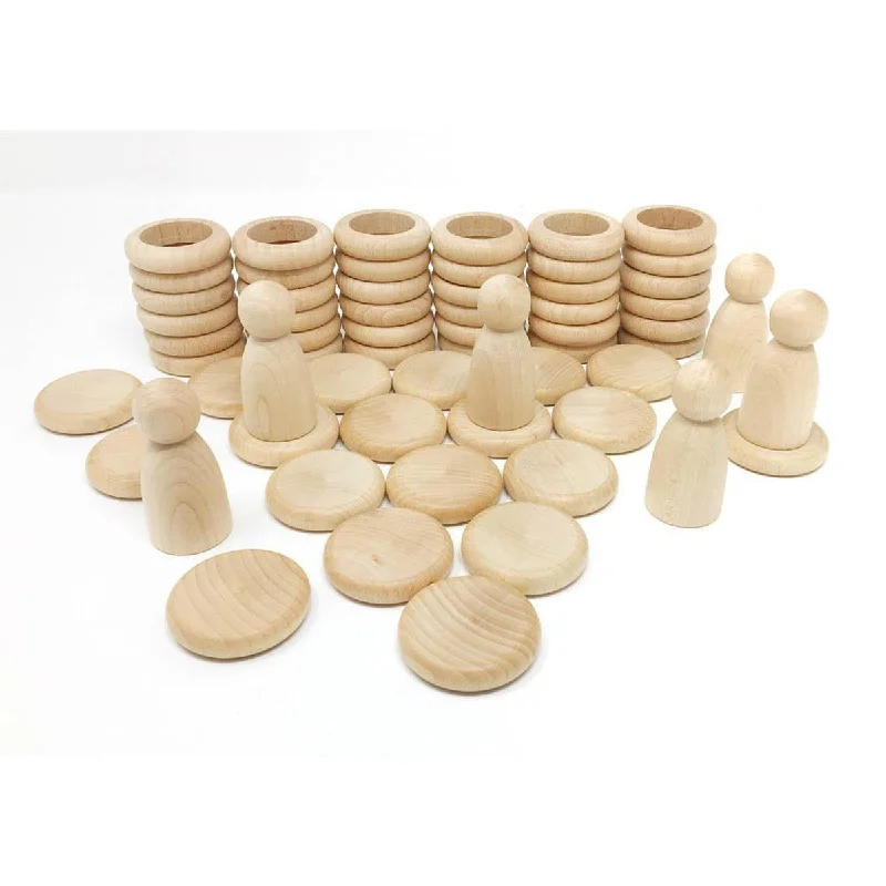 intricately carved wooden toys                   Grapat natural wood nins, rings & coins