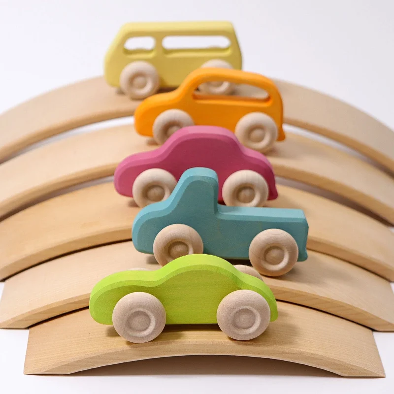 robust and child-safe wooden toys for all ages                   Grimm's wooden slimline cars 5 pcs