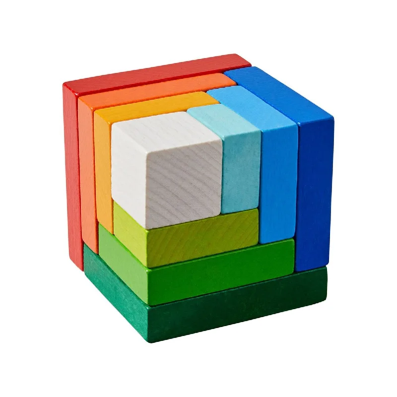 robust and engaging wooden toys for kids                   Haba 3D rainbow cube arranging game