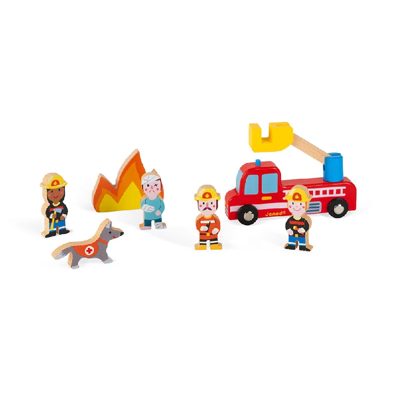 robust and engaging wooden toys for kids                   Janod Story Firefighters Set