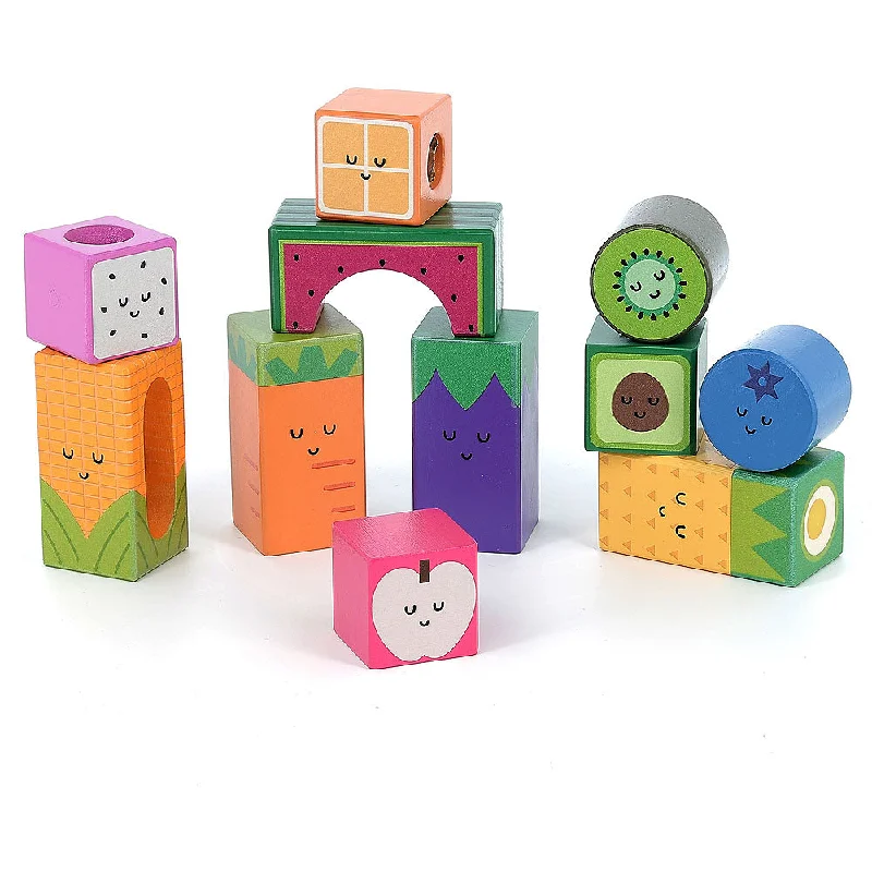 intricately carved wooden toys                   Vilac fruits sound cubes