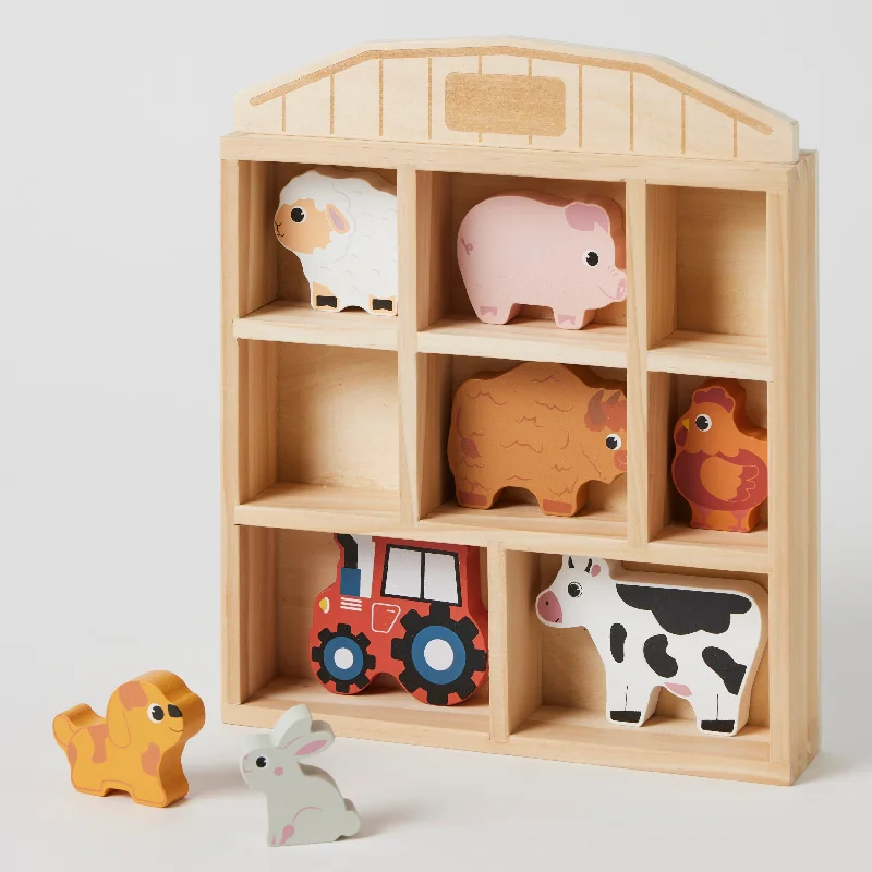 handcrafted wooden toys                  Farm Fun Animals Wooden Set & Display Shelf