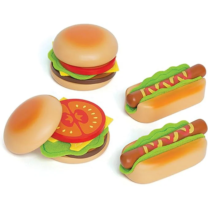 tactile wooden toys                   Hape Hamburgers and Hot Dogs. Kitchen Pretend Play Food Toy