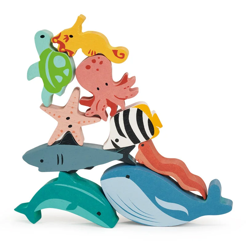 skillfully made wooden toys               Mentari Wooden Happy Stacking Ocean Set & Bag