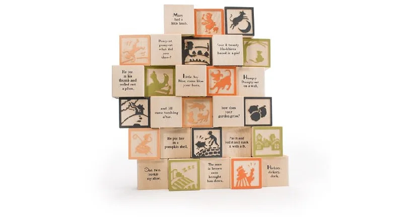 safe and appropriate wooden toys for young children                   Nursey Rhyme 28 Block Set