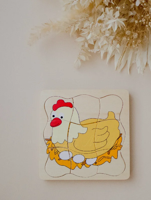 whimsical wooden toys                   Timber Chicken & Egg Life Cycle 4 Layer Puzzle