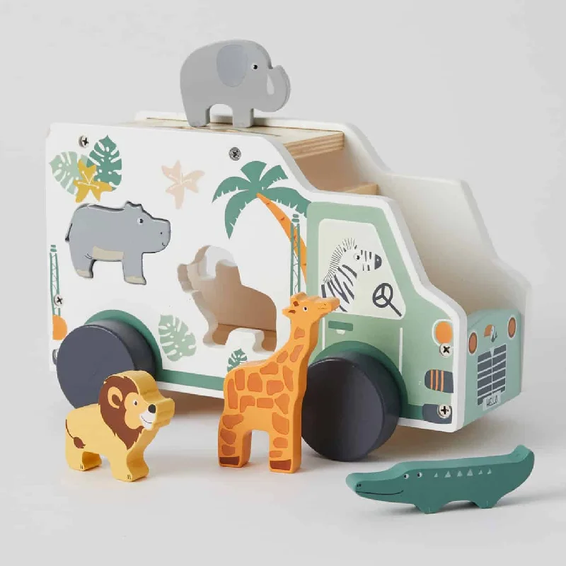 sturdy and durable wooden toys for rough play                   Wooden Jungle Animals Safari Truck