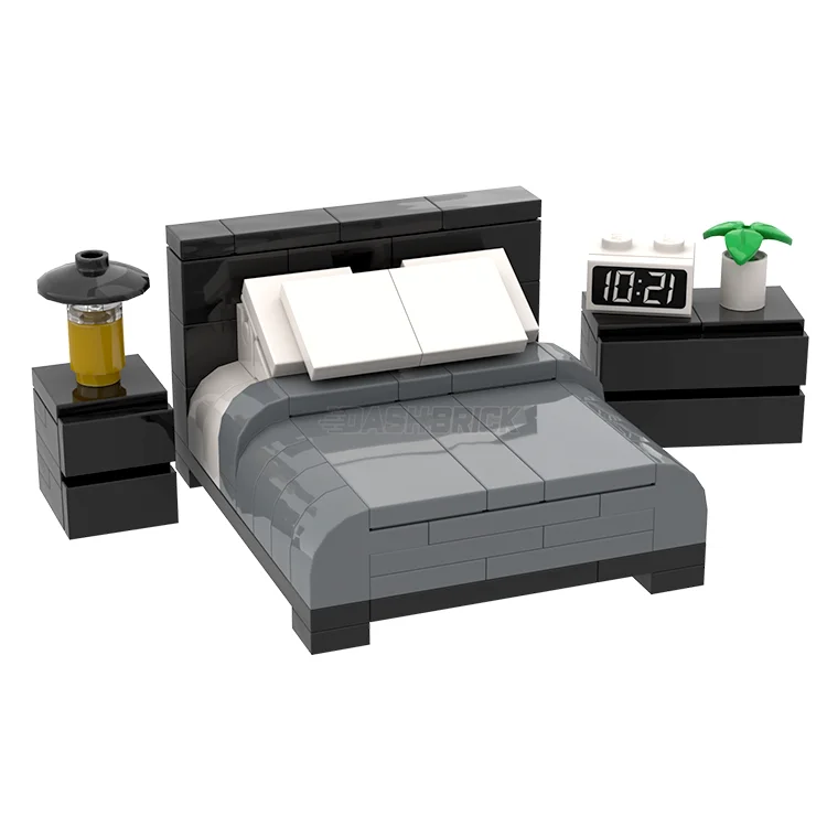 Promoting environmental awareness LEGOLEGO "Modern Double Bed" - Black-frame, Grey/White Sheets, Bedside Table, Dresser [MiniMOC]