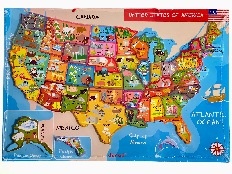 Age-appropriate puzzles Wooden Map of the USA 48 Piece Magnetic Puzzle